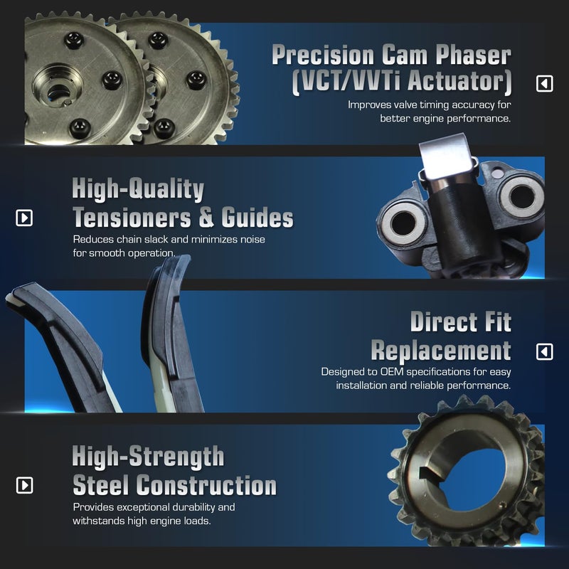 Auto Parts Prodigy Timing Chain Kit with Tensioner Guides Cover Gaskets Cam Phaser Engine Variable Camshaft Timing Cam Phaser VCT VVTi Actuator Timing Sprocket Bolt Gaskets For Ford TRITON 3-Valve F150 F250 Expedition - Image 3